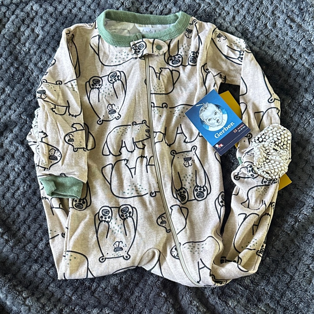 Gerber Cream and Green Animal Print and Black and Green Striped Set